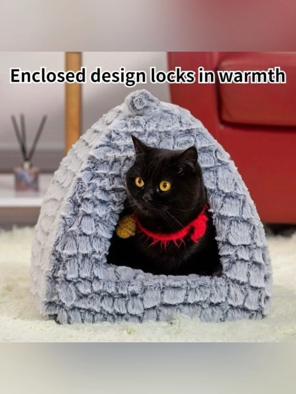Plush Gray Pet Cat Cave Bed with Easter Toy Basket